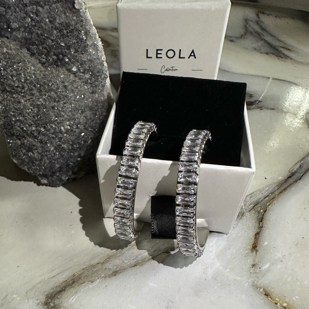 Cubic Zirconia White Gold Plated, Tennis Hoop Earrings - Picture 2 of 4